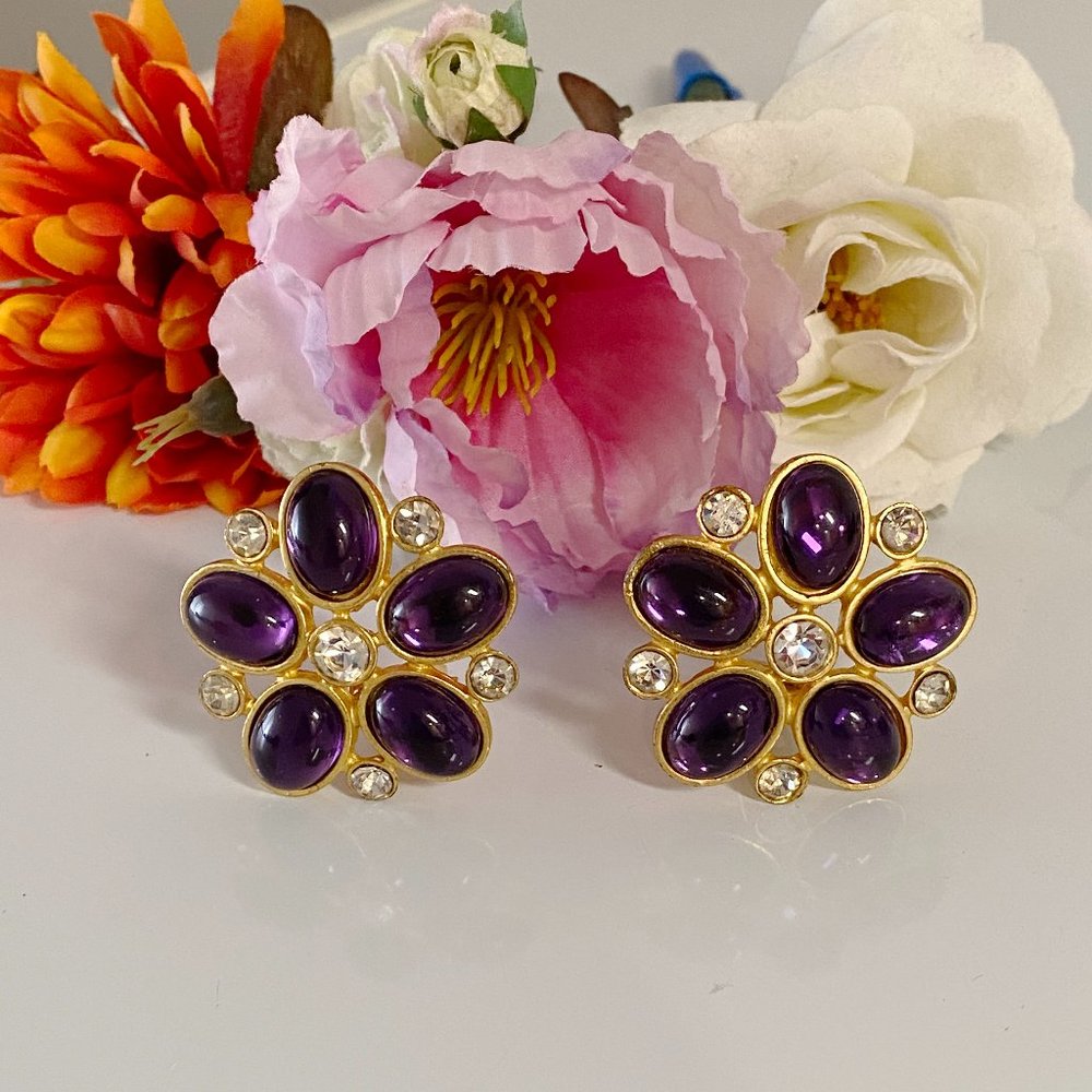 Vintage David Dubin Large Gold Purple Cabochon Clip On Earrings